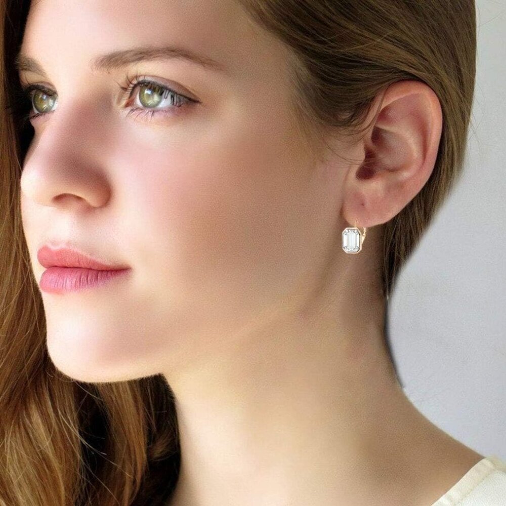 Austrian Crystal Octagon Leverback Drop Earrings for Women 14K Rose Gold Plated - Picture 7 of 7